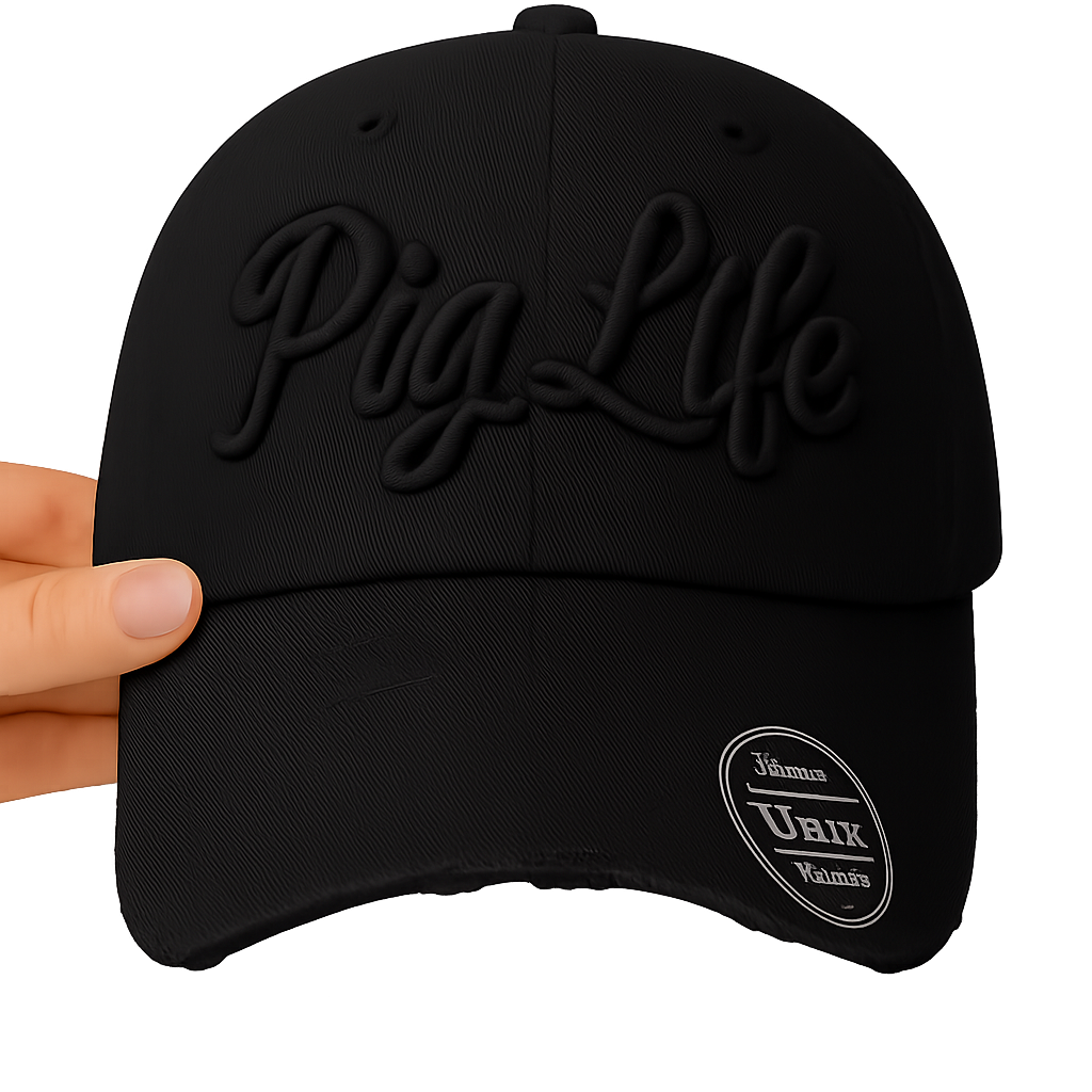 Pig Life Embroidered Distressed Cap - Black Out (script)