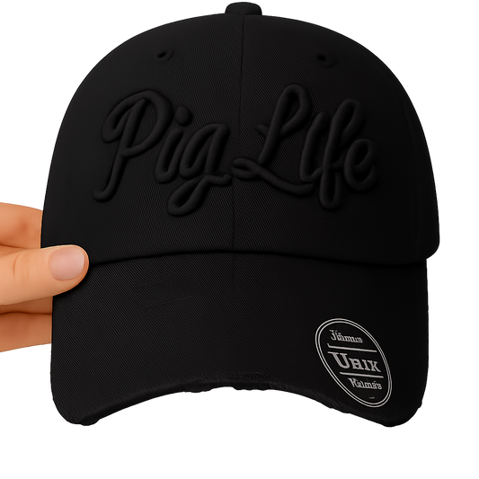 Pig Life Embroidered Distressed Cap - Black Out (script)