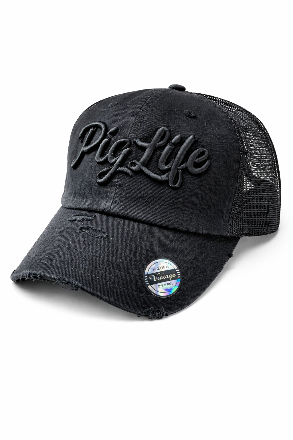 Pig Life Embroidered Distressed Hat Script - Black Out (Mesh)