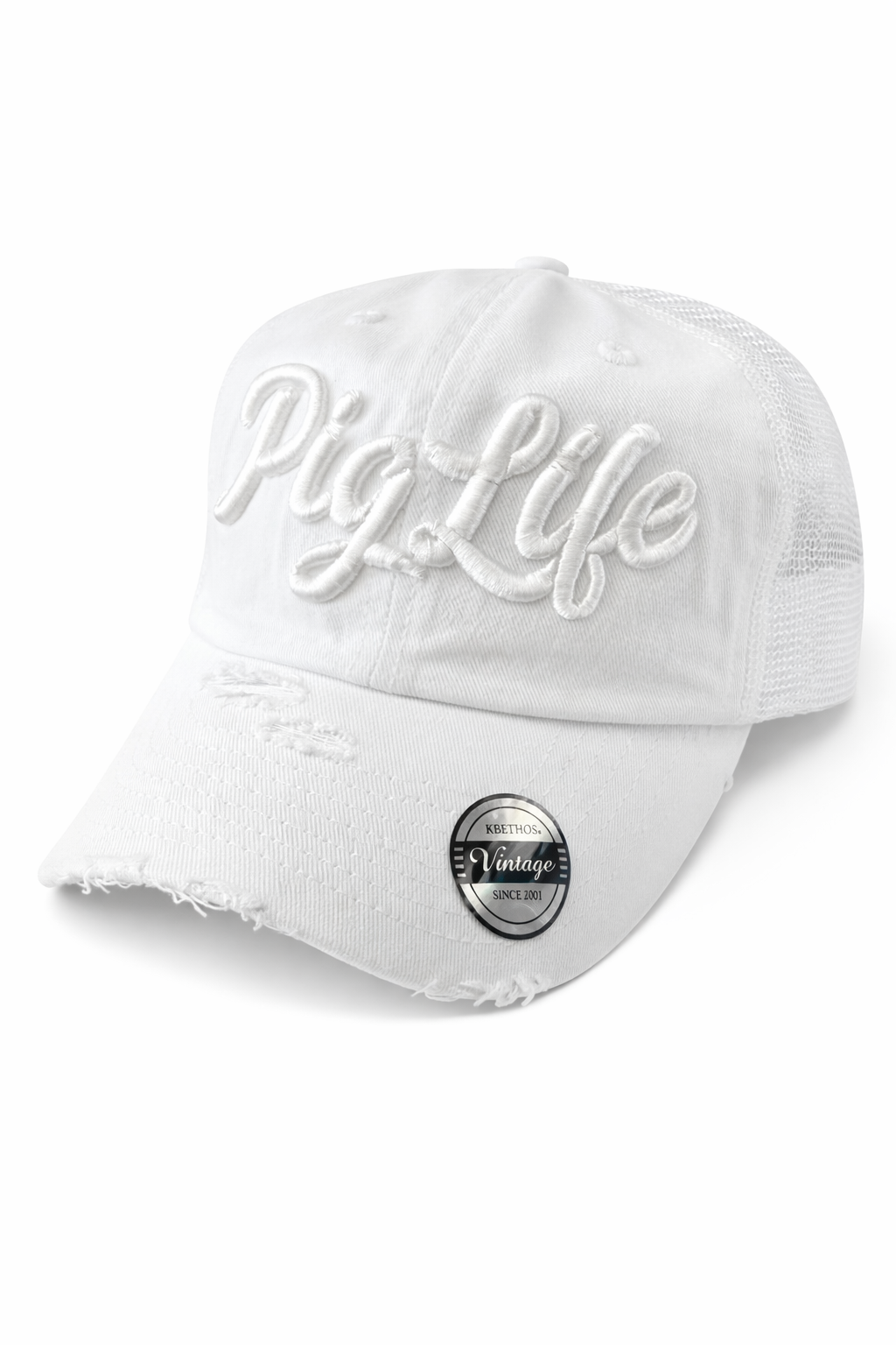 Pig Life Embroidered Distressed Hat Script - White (Mesh)