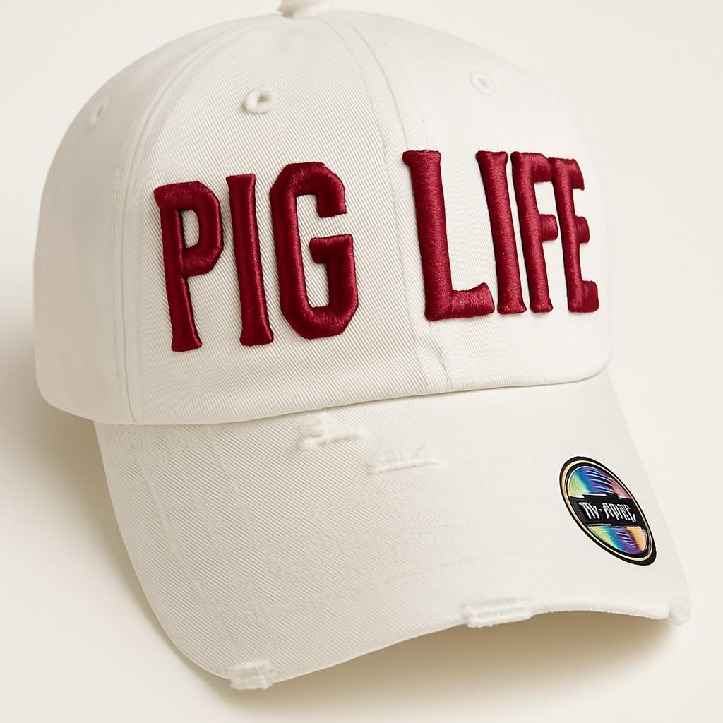 Pig Life Embroidered Distressed Hat - White Block