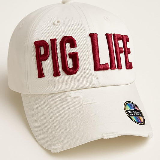 Pig Life Embroidered Distressed Hat - White Block