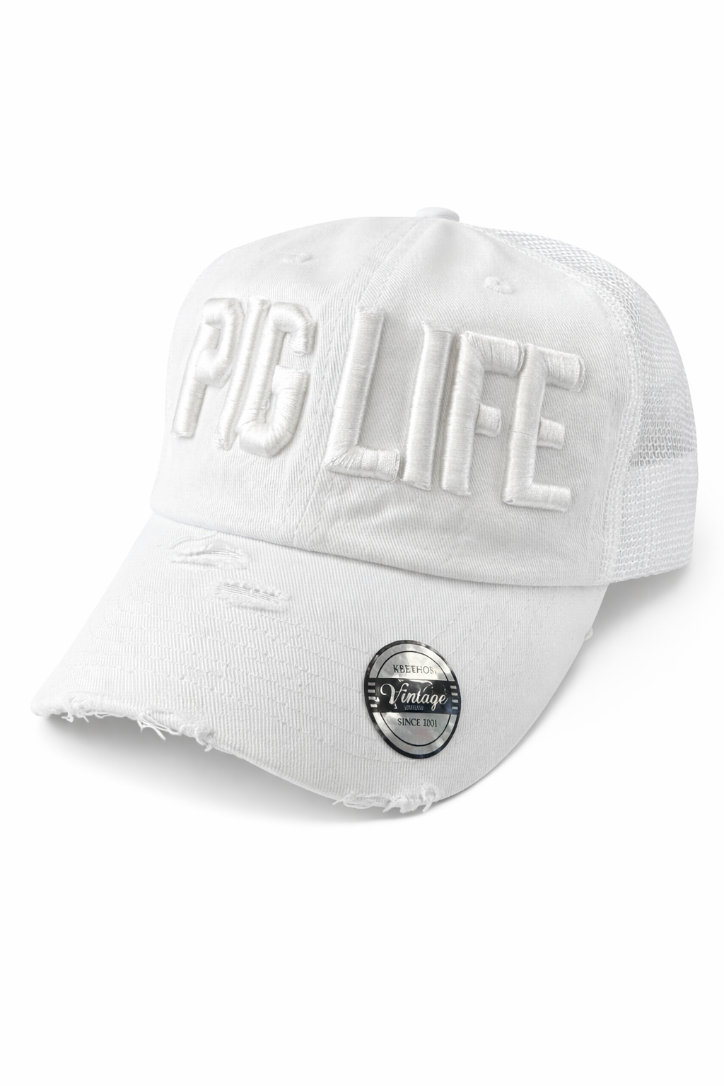 Pig Life Embroidered Distressed Hat Block - White (mesh)
