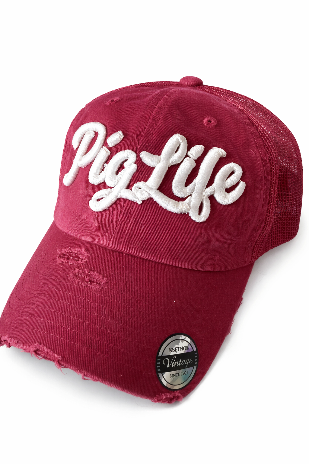 Pig Life Embroidered Distressed Hat – Cardinal and White Script (Mesh)