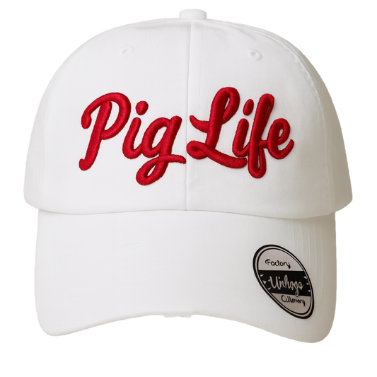 Pig Life Embroidered Distressed Hat - white and cardinal script