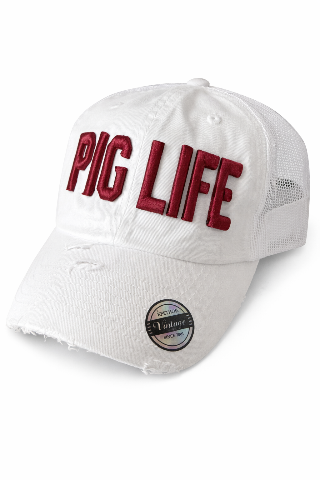 Pig Life Embroidered Distressed Hat – White Block Mesh