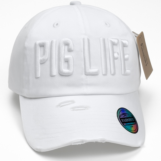 Pig Life Embroidered Distressed Hat - All white block