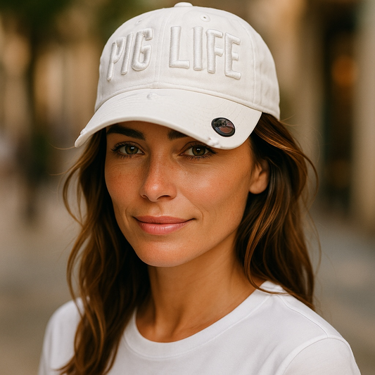 Pig Life Embroidered Distressed Hat - All white block