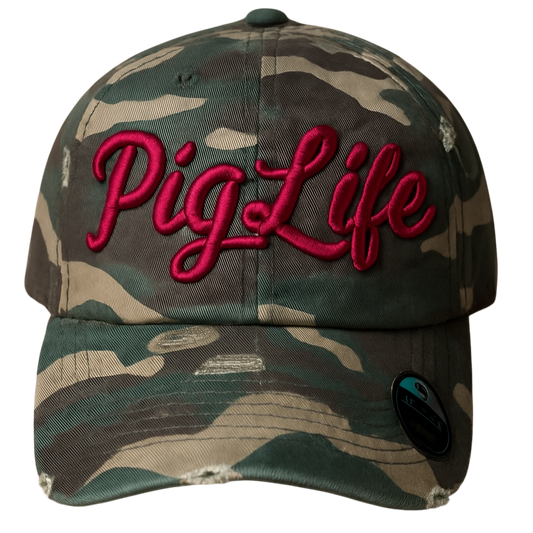 Pig Life Embroidered Distressed Hat - Camo Red (script)