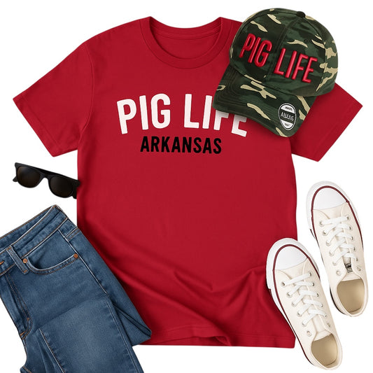 Pig Life Embroidered Distressed Hat - Camo Red (Block)