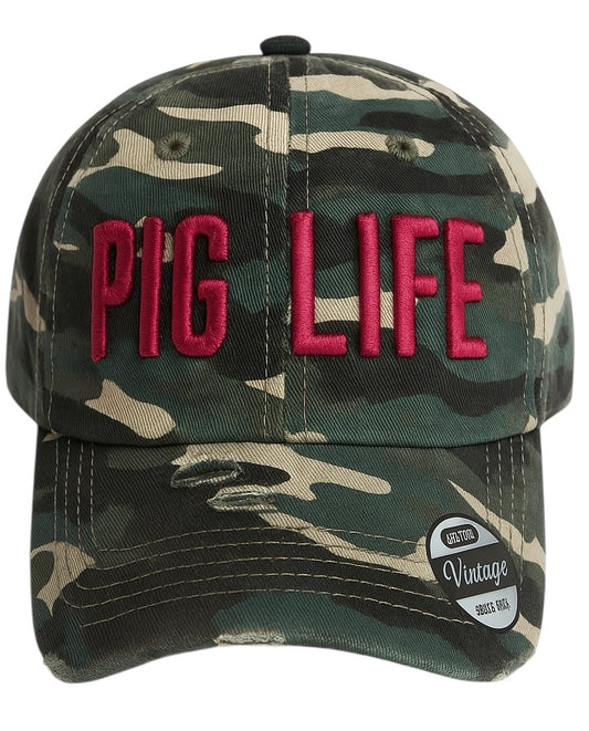 Pig Life Embroidered Distressed Hat - Camo Red (Block)