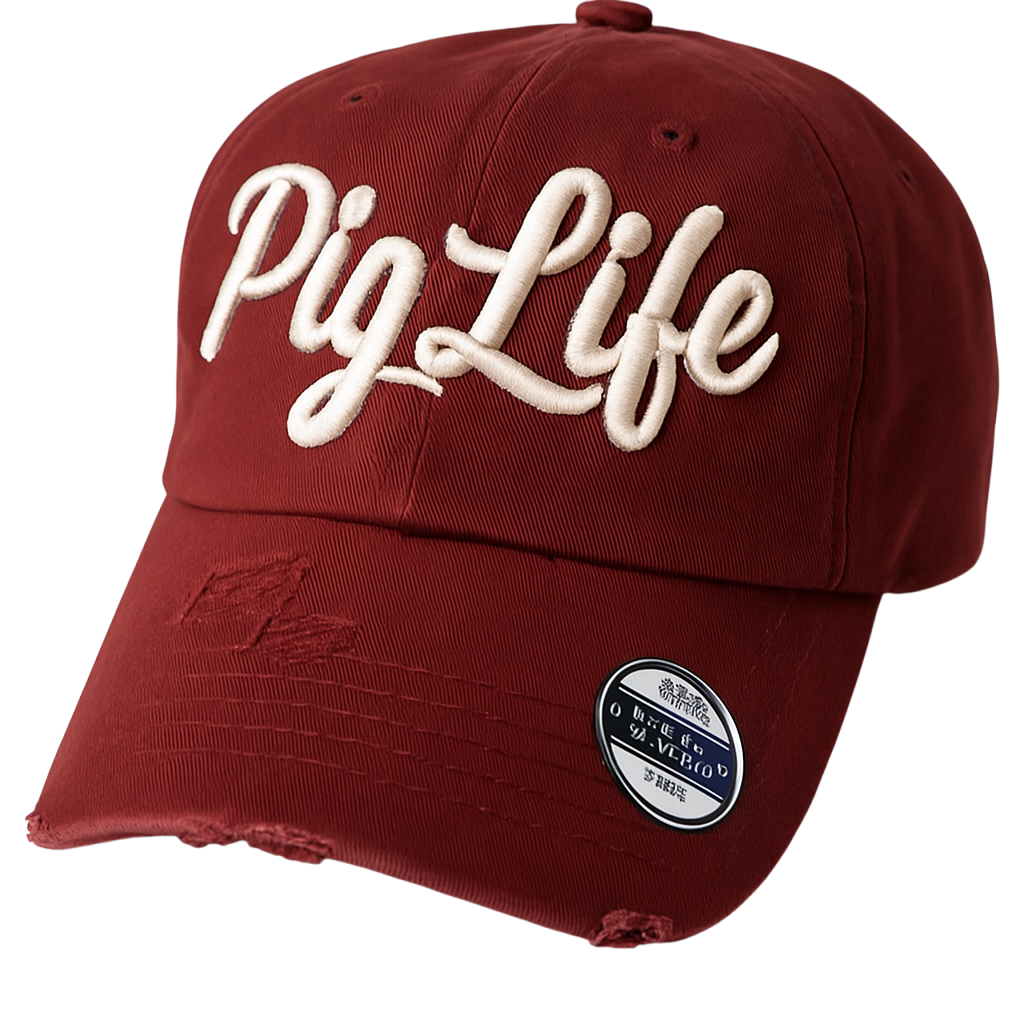 Pig Life Embroidered Distressed Hat - Red Script