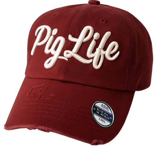 Pig Life Embroidered Distressed Hat - Red Script