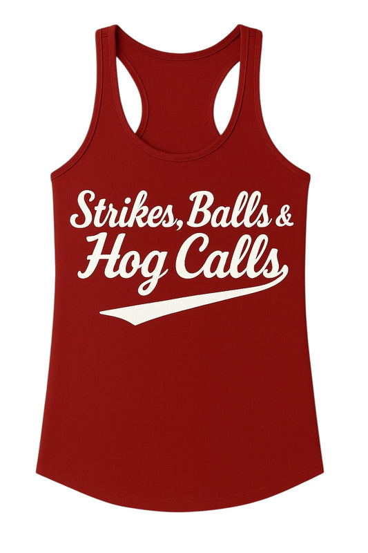 Strikes, Balls, & Hog Calls Racerback Tank - Cardinal Red