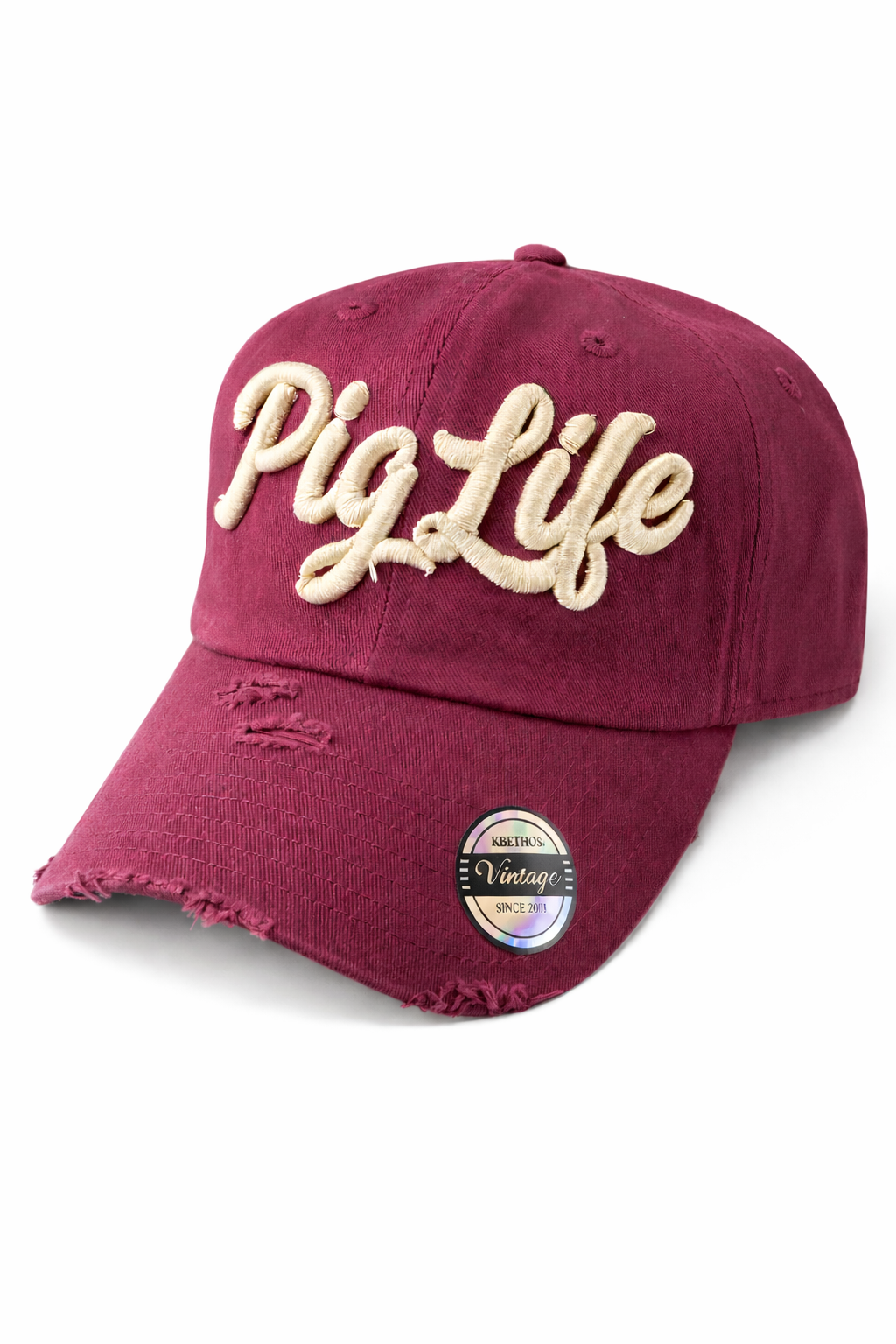 Pig Life Embroidered Distressed Cap – Cardinal & Cream (Baseball Throwback)