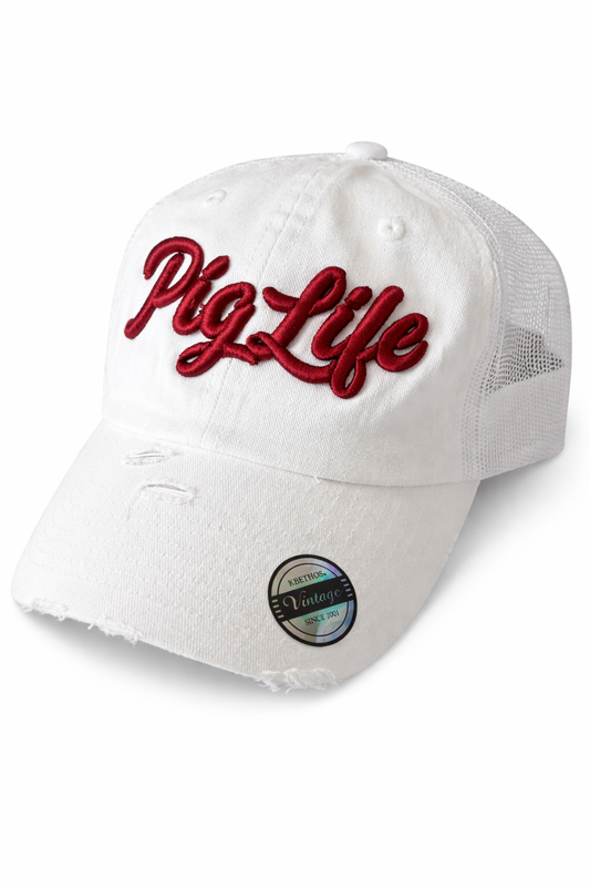 Pig Life Embroidered Distressed Hat – White and Cardinal Script (Mesh)