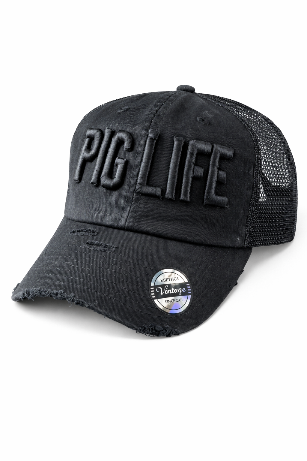 Pig Life Embroidered Distressed Hat Block - Black out (Mesh)