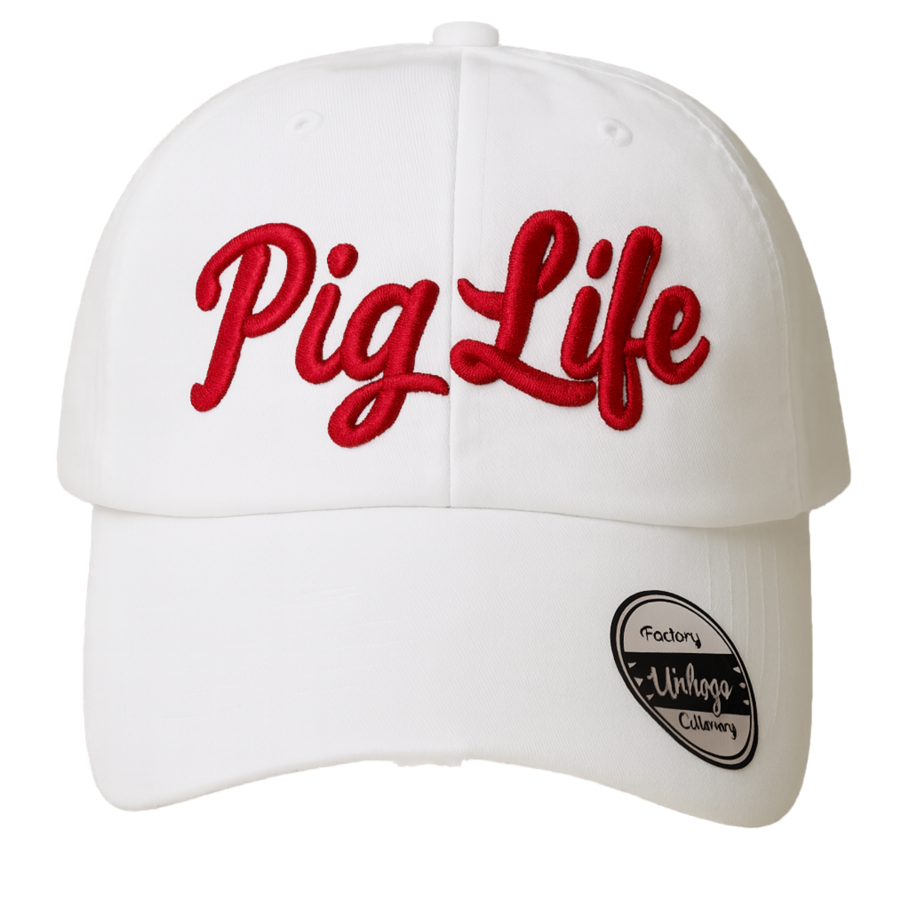 Pig Life Embroidered Distressed Hat - white and cardinal script