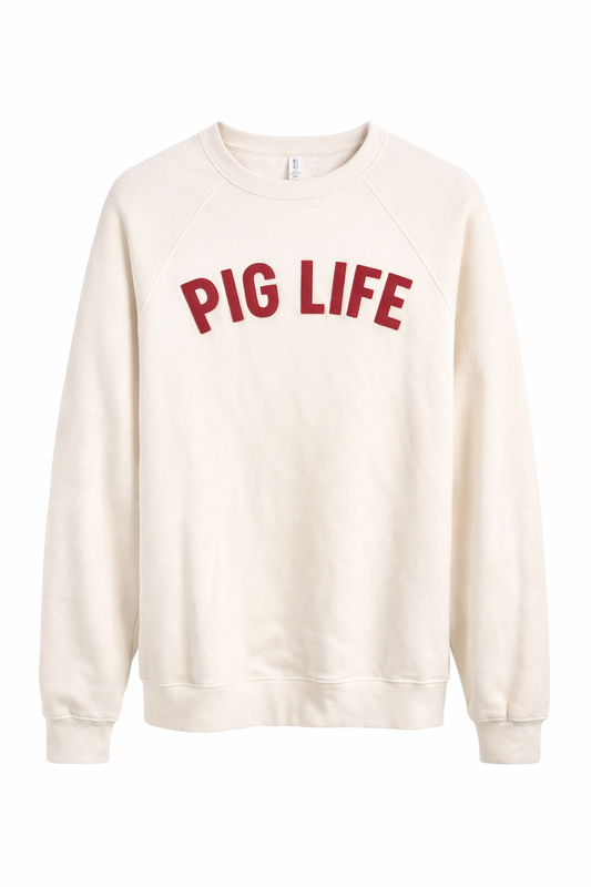 Pig Life Felt Letter Crewneck Sweatshirt - Cream with Cardinal (Throw back)