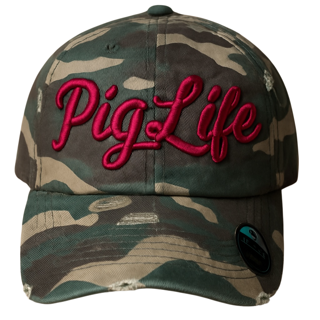 Pig Life Embroidered Distressed Hat - Camo Red (script)